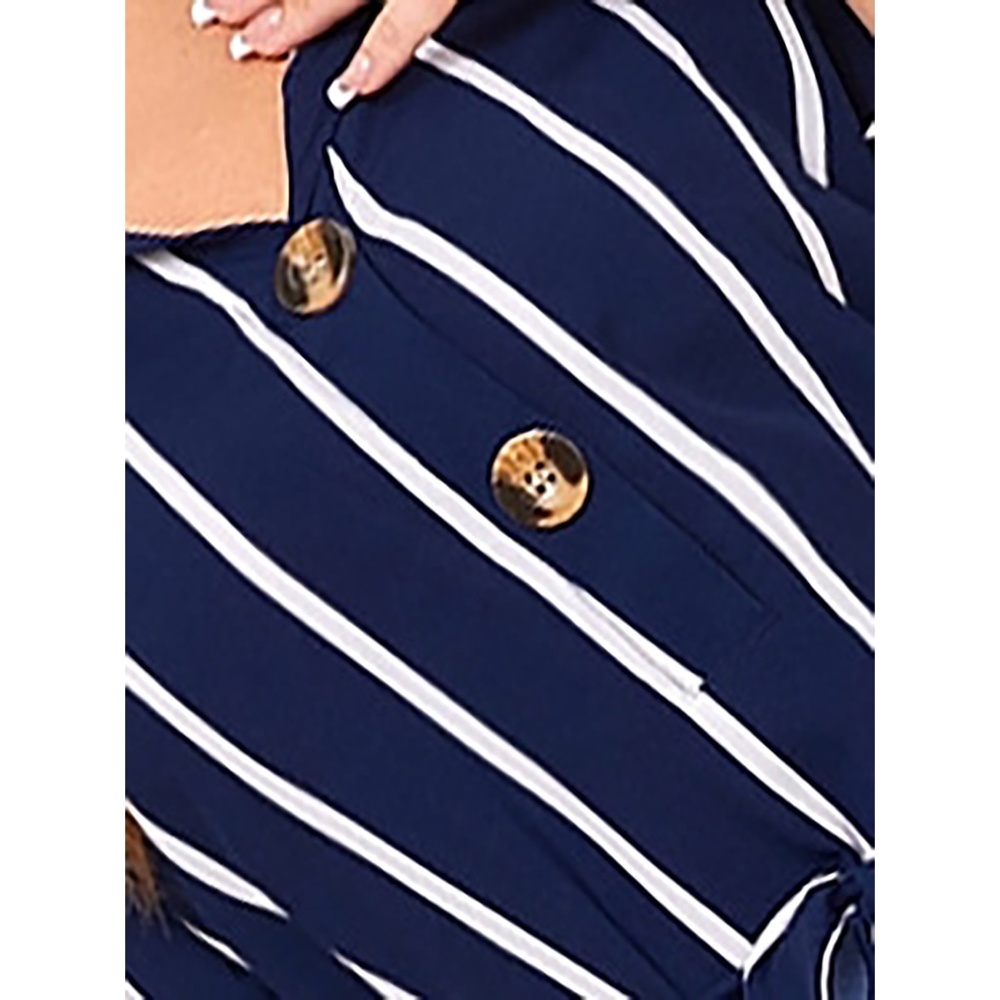 Navy Blue Striped Knot Sleeve Belted Shirt Dress - Picture 3 of 11